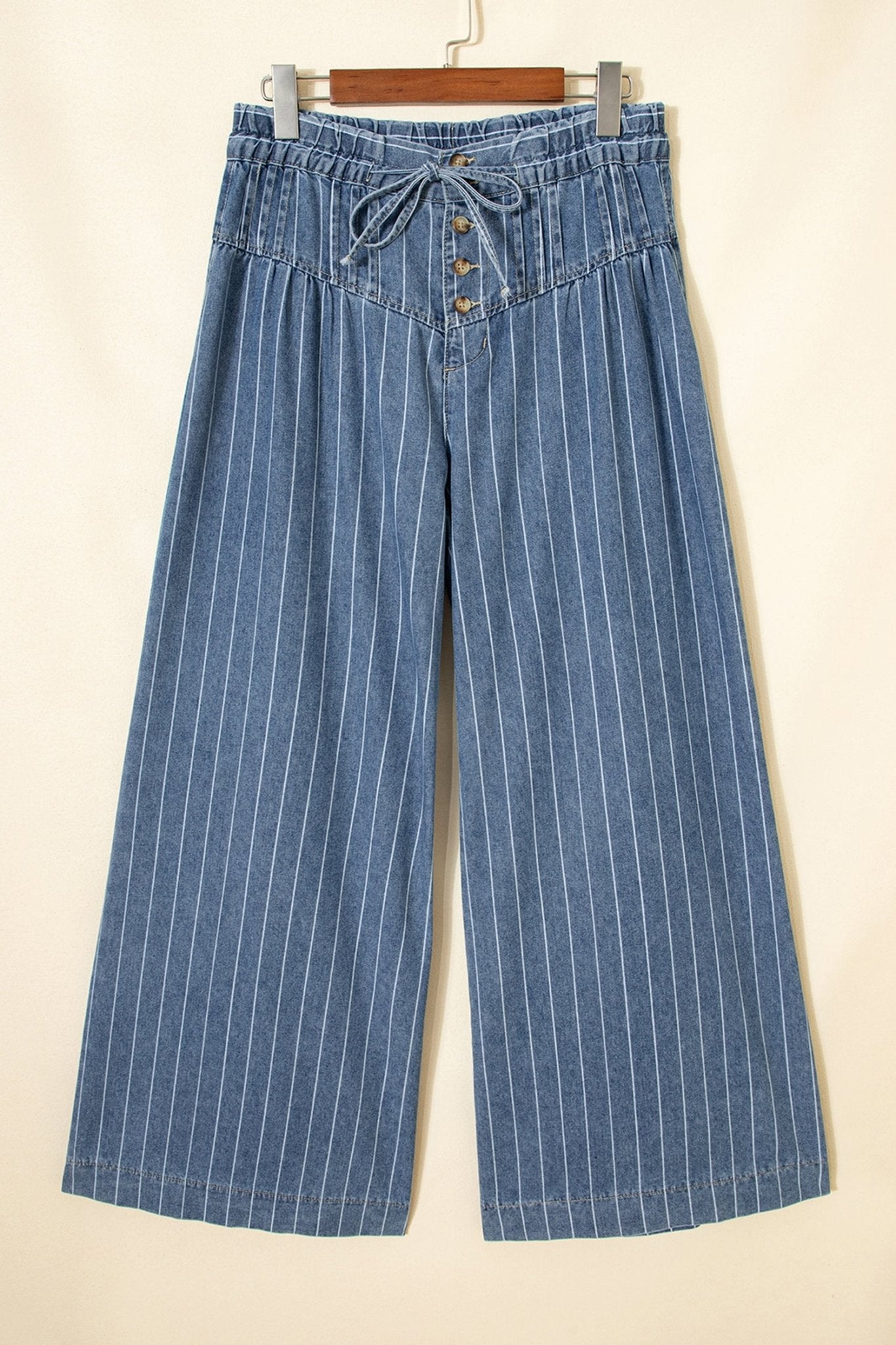 Sky Blue Stripe Button Pleated Drawstring Waist Casual Wide Leg Jeans - Luxe Nest Market