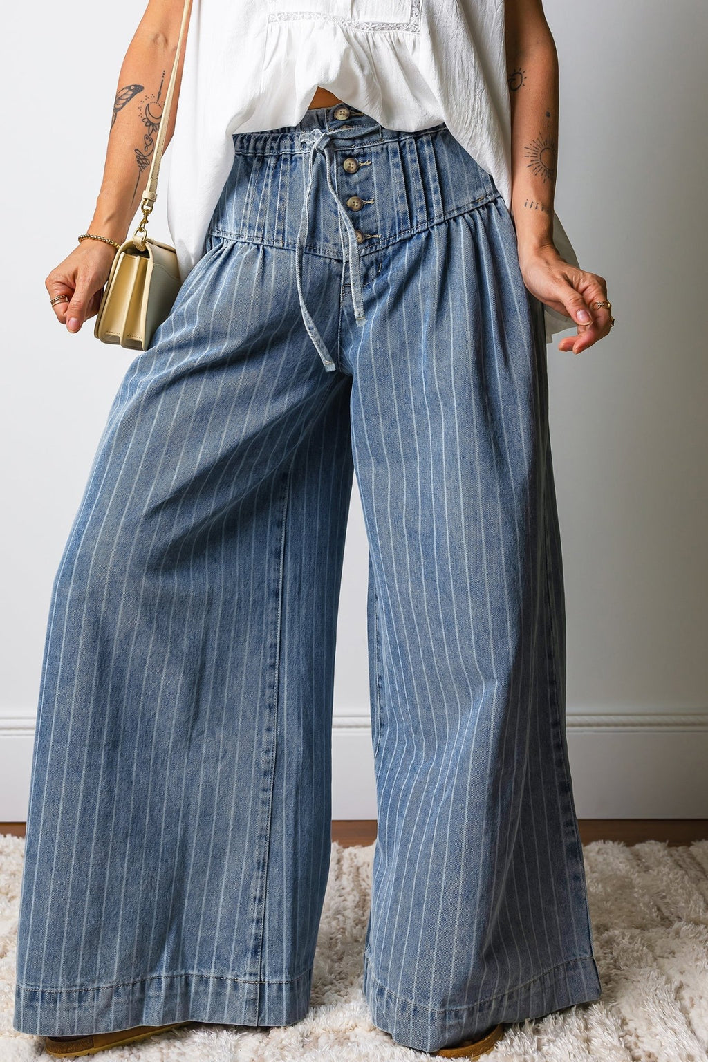 Sky Blue Stripe Button Pleated Drawstring Waist Casual Wide Leg Jeans - Luxe Nest Market