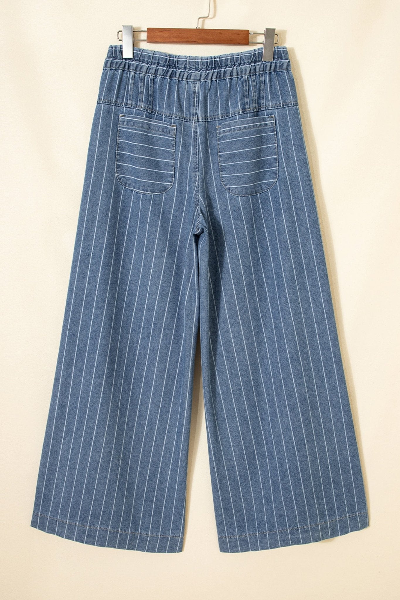 Sky Blue Stripe Button Pleated Drawstring Waist Casual Wide Leg Jeans - Luxe Nest Market
