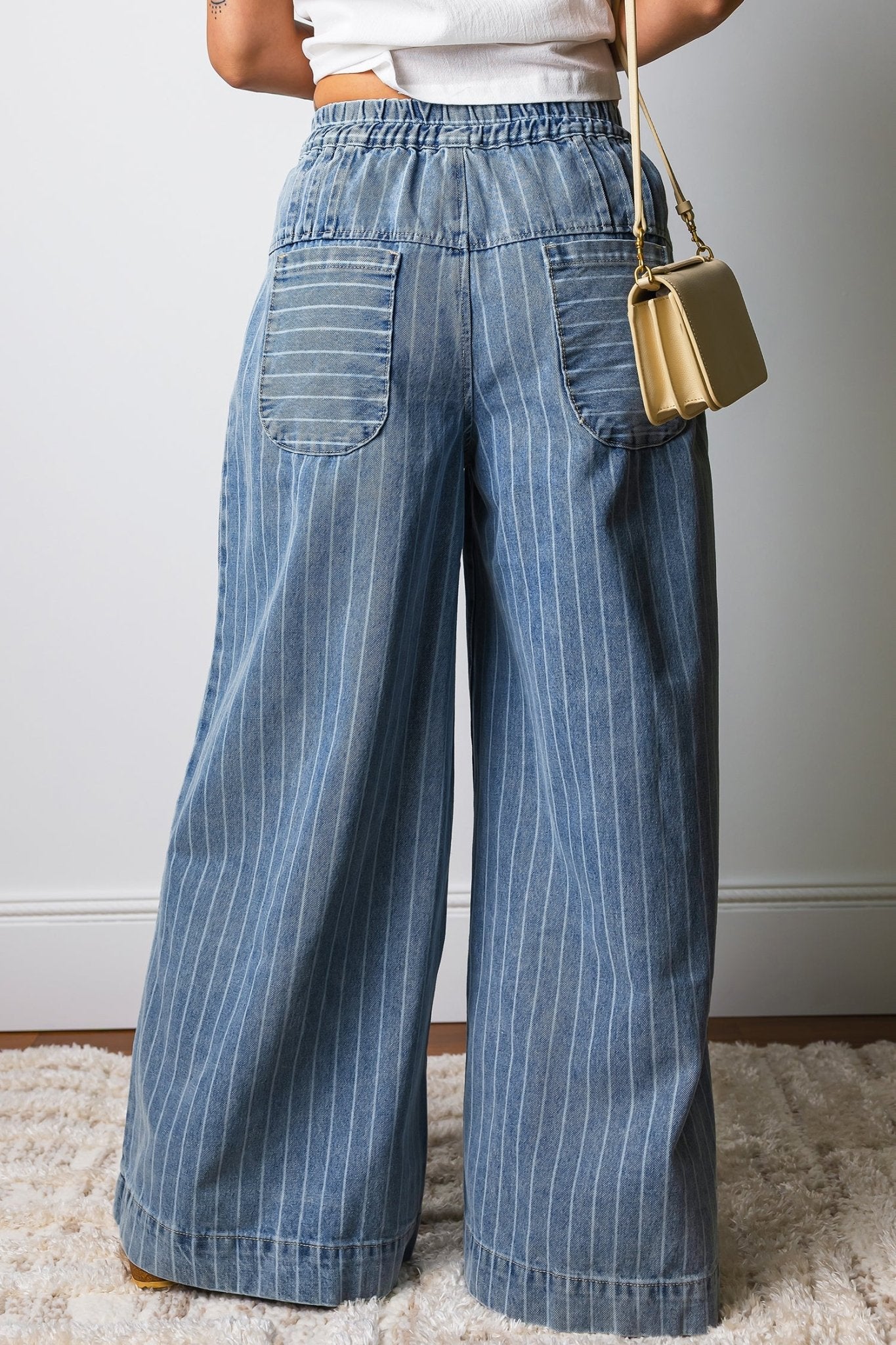 Sky Blue Stripe Button Pleated Drawstring Waist Casual Wide Leg Jeans - Luxe Nest Market