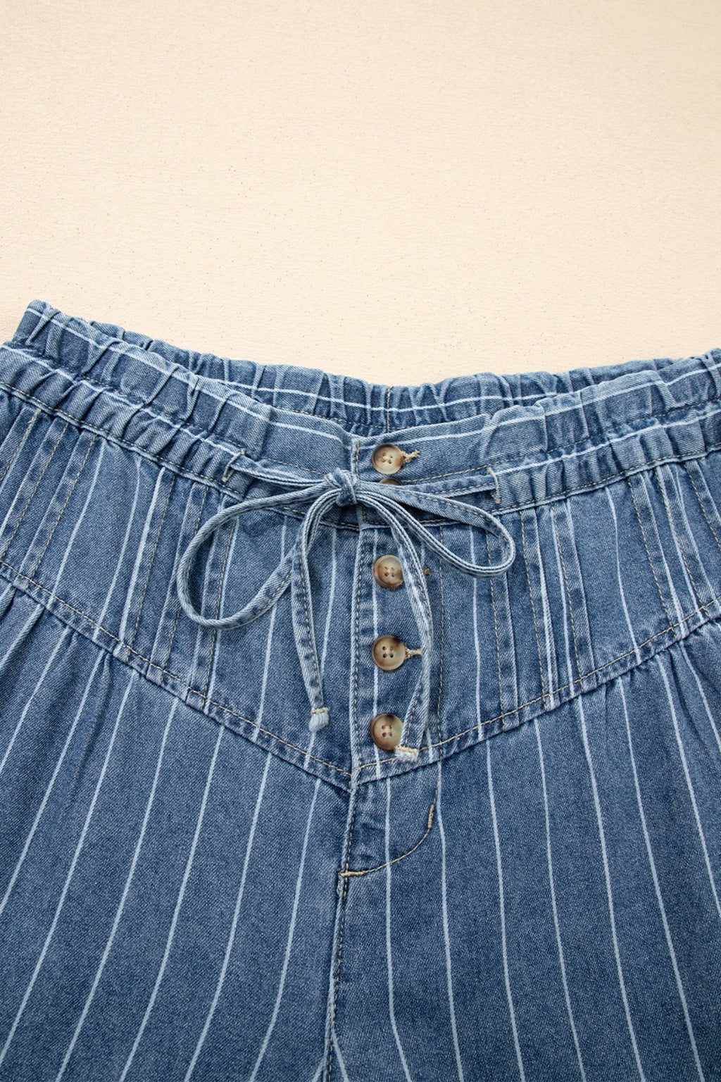 Sky Blue Stripe Button Pleated Drawstring Waist Casual Wide Leg Jeans - Luxe Nest Market