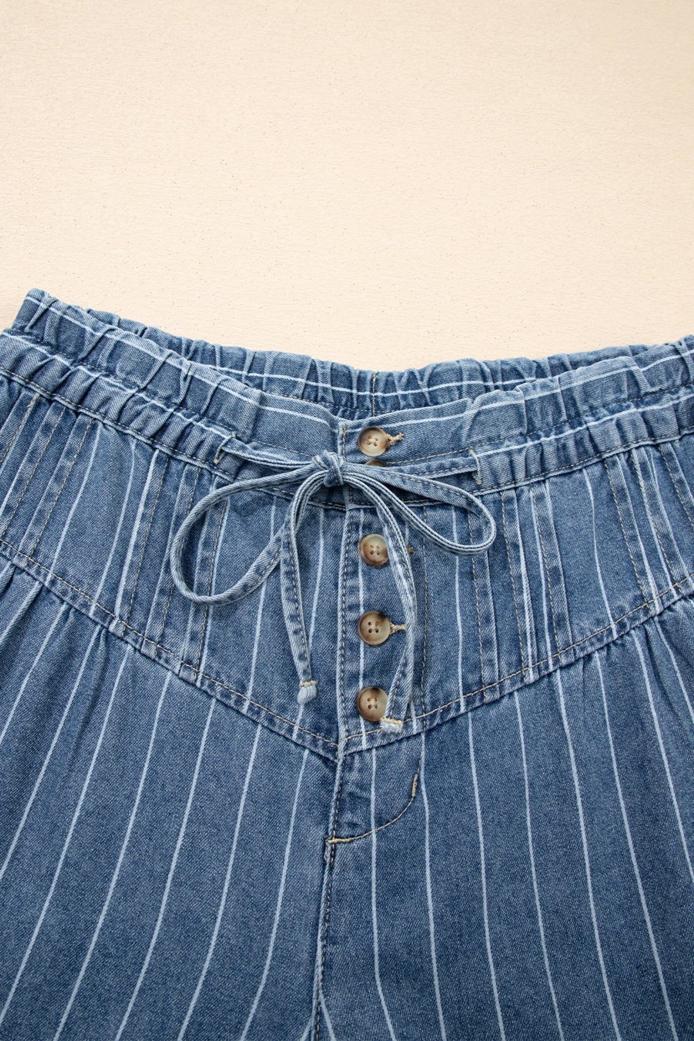 Sky Blue Stripe Button Pleated Drawstring Waist Casual Wide Leg Jeans - Luxe Nest Market