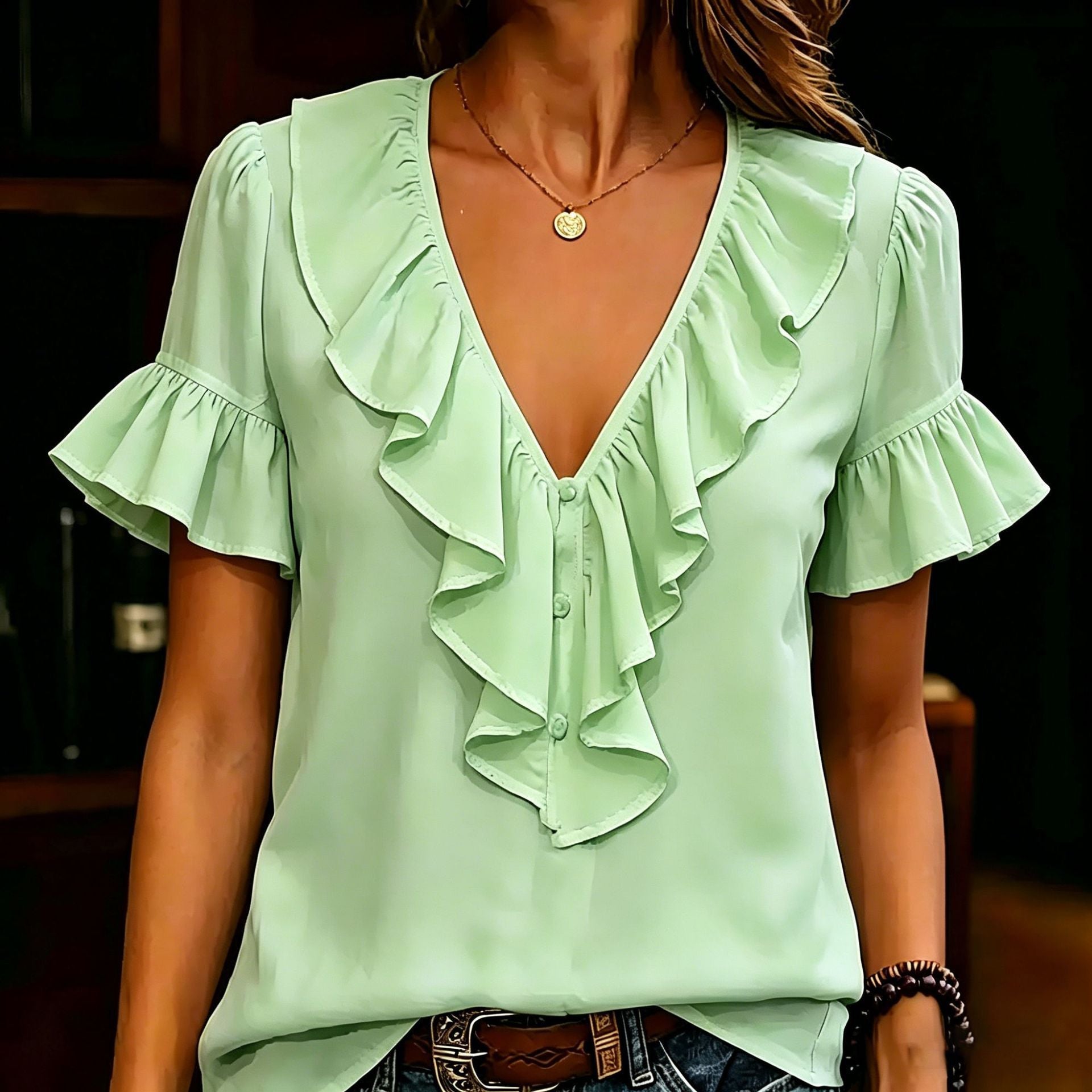 Womens Short-Sleeved T-Shirt With Ruffled Hem And V-Neck - Luxe Nest Market
