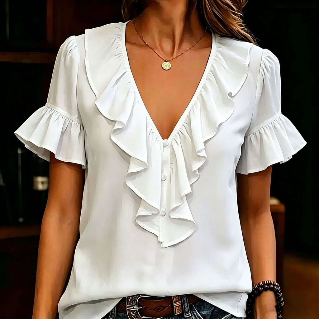 Womens Short-Sleeved T-Shirt With Ruffled Hem And V-Neck - Luxe Nest Market