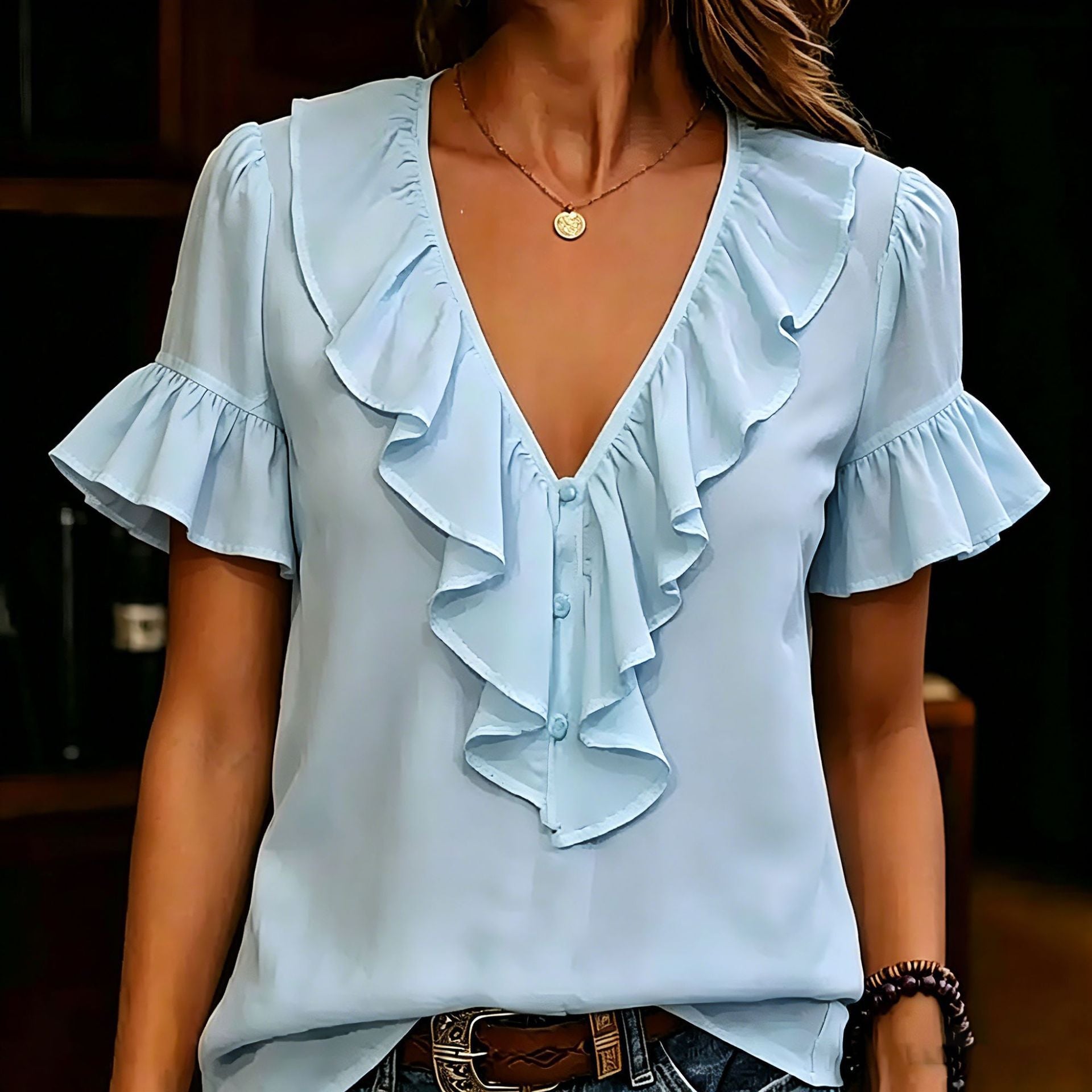 Womens Short-Sleeved T-Shirt With Ruffled Hem And V-Neck - Luxe Nest Market