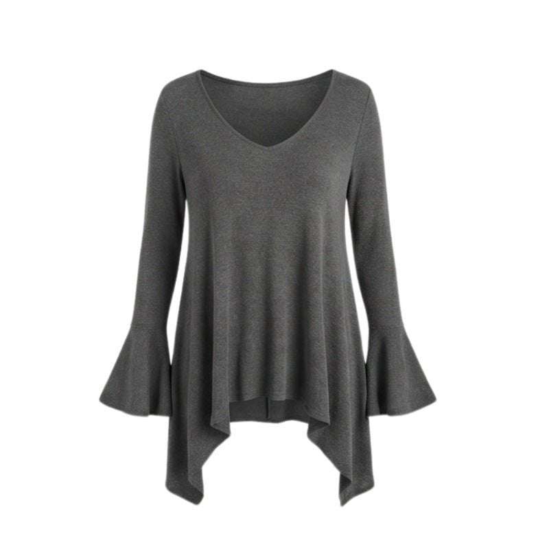 Womens Short-Sleeved T-Shirt With Ruffled Hem And V-Neck