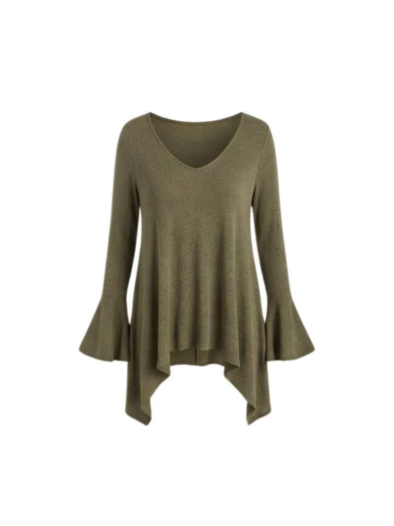 Womens Short-Sleeved T-Shirt With Ruffled Hem And V-Neck