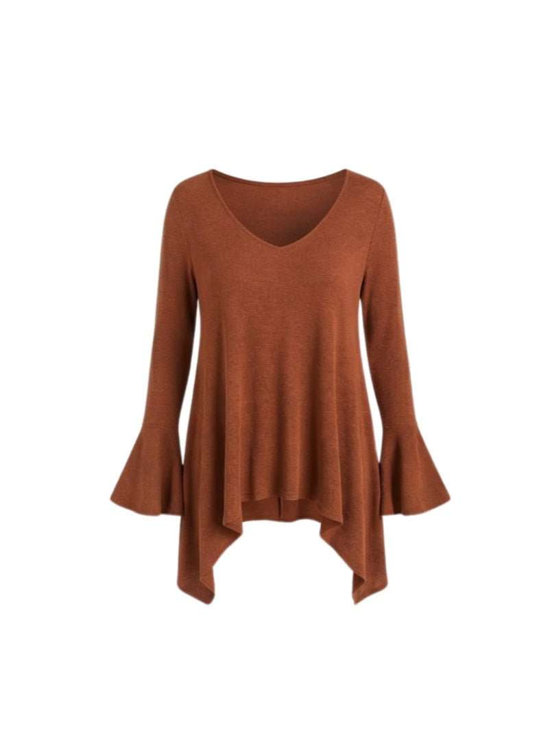 Womens Short-Sleeved T-Shirt With Ruffled Hem And V-Neck